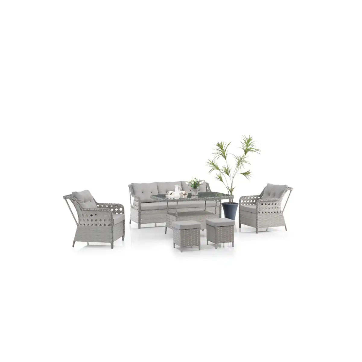 Deniz Rattan Puflu Bahçe Balkon Takımı 3+1+1 Gri
