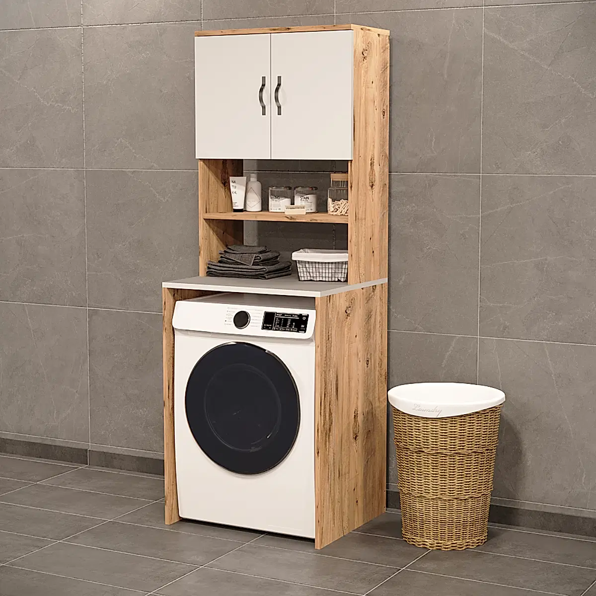 Çamaşır Makinesi Üstü Banyo Dolabı Rafı Atlantik Çam