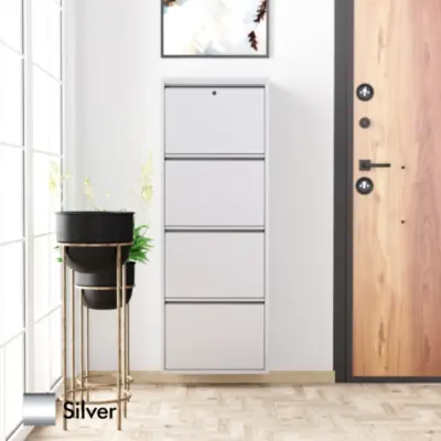 Kilitli 4 Kapaklı Metal Ayakkabılık Silver