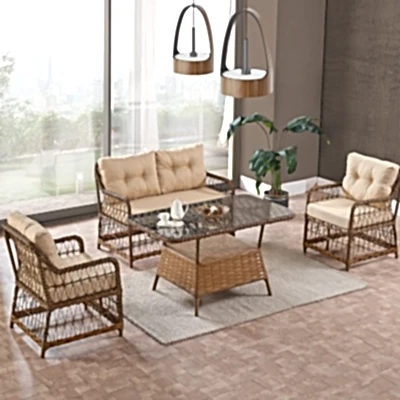 Breda Rattan Örgü Bahçe Balkon Takımı 2+1+1 Cam Masalı Kahve