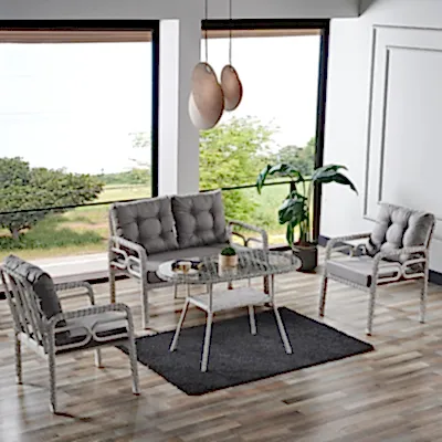 Rio Rattan Bahçe Balkon Oturma Takımı 2+1+1+Camlı Masa Kemik Rengi
