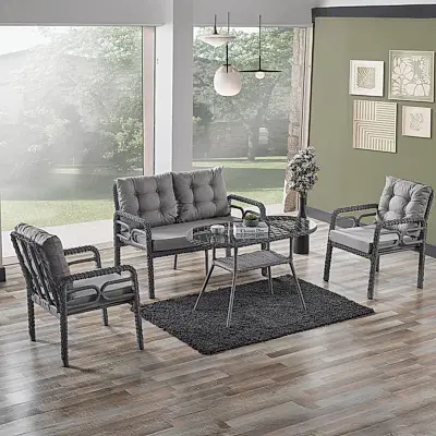 Rio Rattan Bahçe Balkon Oturma Takımı 2+1+1+Camlı Masa Gri