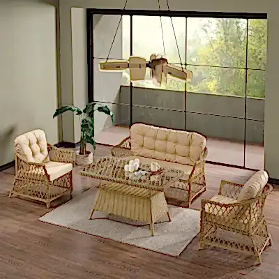 Icon Rattan Bahçe Balkon Oturma Takımı 2+1+1+Camlı Masa Cappuccino