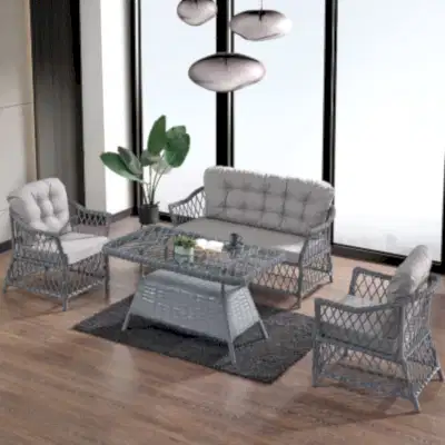 Icon Rattan Bahçe Balkon Oturma Takımı 2+1+1+Camlı Masa Gri