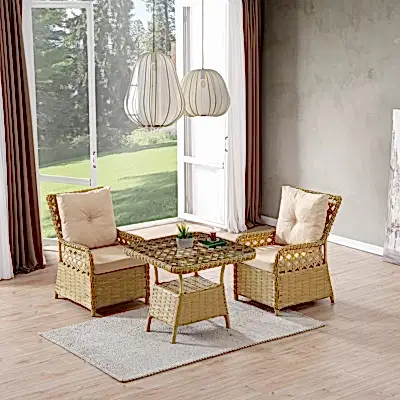 Duru 2 Kişilik Rattan Bahçe Balkon Mutfak Masa Takımı Cappuccino