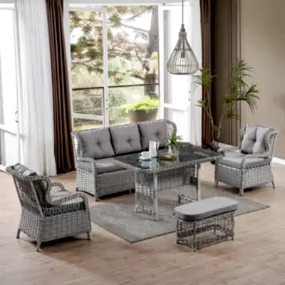 Paris Rattan Puflu Bahçe Balkon Takımı 3+1+1 Cam Masalı Gri