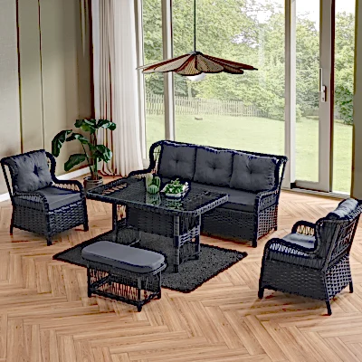 Paris Rattan Puflu Bahçe Balkon Takımı 3+1+1 Cam Masalı Antrasit
