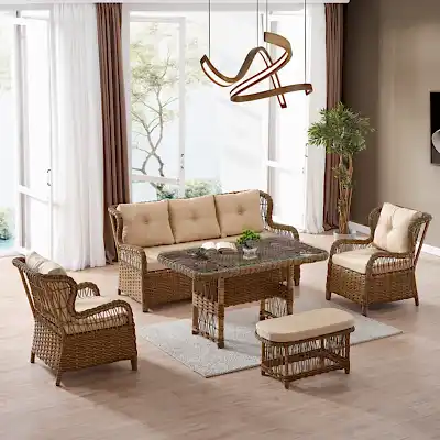 Paris Rattan Puflu Bahçe Balkon Takımı 3+1+1 Cam Masalı Kahve