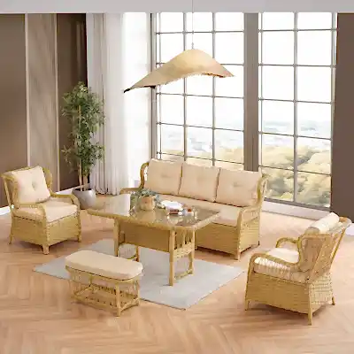 Paris Rattan Puflu Bahçe Balkon Takımı 3+1+1 Cam Masalı Cappuccino