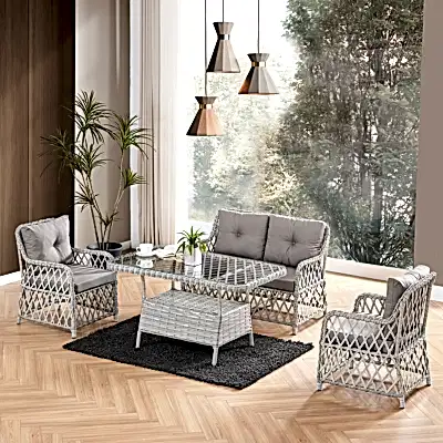 Roma Rattan Bahçe Balkon Takımı 2+1+1 Cam Masalı Gri
