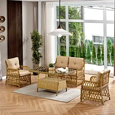 Roma Rattan Bahçe Balkon Takımı 2+1+1 Cam Masalı Cappuccino