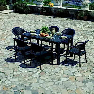 Bamboo 6 Kişilik Rattan Masa Sandalye Takımı Siyah