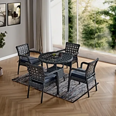 Ayaz 4 Kişilik Rattan Bahçe Balkon Mutfak Masa Takımı Gri