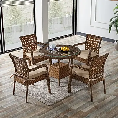Ayaz 4 Kişilik Rattan Bahçe Balkon Mutfak Masa Takımı Kahve