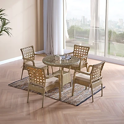 Ayaz 4 Kişilik Rattan Bahçe Balkon Mutfak Masa Takımı Cappuccino
