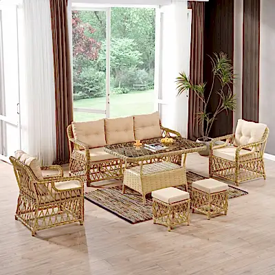 Edra Rattan Puflu Bahçe Balkon Takımı 3+1+1+Camlı Masa Cappuccino
