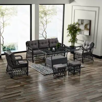 Edra Rattan Puflu Bahçe Balkon Takımı 3+1+1+Camlı Masa Gri