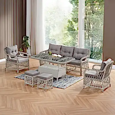 Edra Rattan Puflu Bahçe Balkon Takımı 3+1+1+Camlı Masa Kemik Rengi