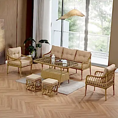 Joy Rattan Puflu Bahçe Balkon Takımı 3+1+1+Camlı Masa Cappuccino