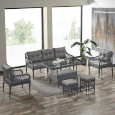 Joy Rattan Puflu Bahçe Balkon Takımı 3+1+1+ Camlı Masa Gri