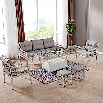 Joy Rattan Puflu Bahçe Balkon Takımı 3+1+1+ Camlı Masa Kemik Rengi