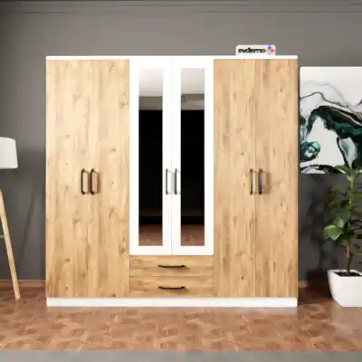 Prag 6 Kapak 2 Çekmeceli Aynalı Gardırop Atlantik Çam Beyaz