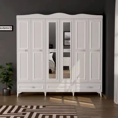 Luna 6 Kapaklı 3 Çekmeceli Aynalı Gardırop Beyaz
