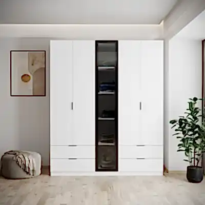 Safir Cam Kapaklı 5 Kapılı 4 Çekmeceli Gardırop 210 cm Beyaz