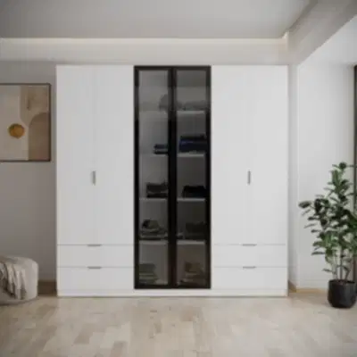 Safir Cam Kapaklı 6 Kapılı 4 Çekmeceli Gardırop 210 cm Beyaz