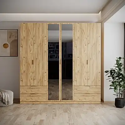 Yakut Aynalı 6 Kapaklı 4 Çekmeceli Gardırop 210 cm Atlantik Çam